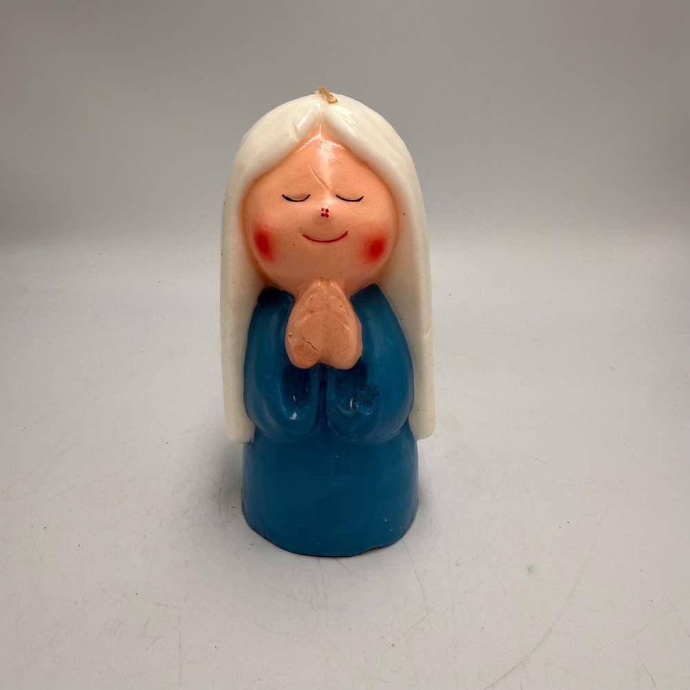 Vintage Praying Nun Girl Angel Wax Candle Hand Painted Blue Religious Decor